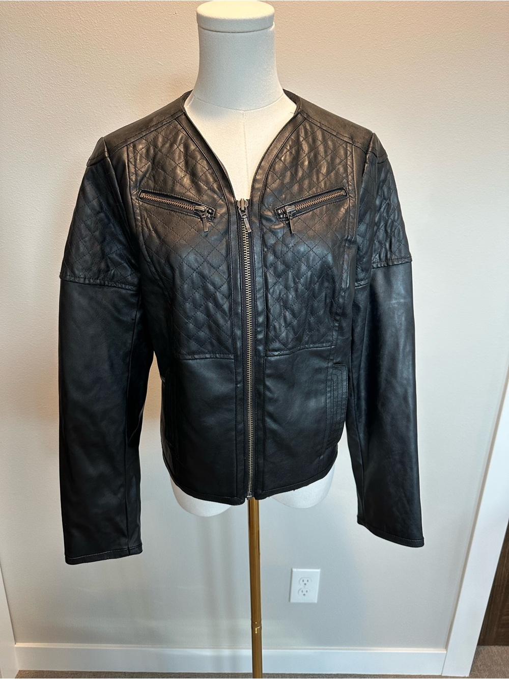 The Limited Black Quilted Panel Leather Jacket - Women